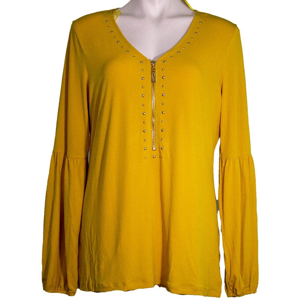 Mustard Yellow Studded V-Neck Blouse Size Large